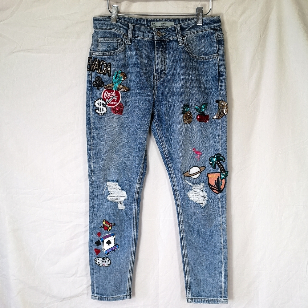 Topshop Moto Badge Lucas Boyfriend Jeans With Sequin Badge Patches